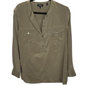 Theory Silk Brown Button Down Blouse Long Sleeve Utility Style Top Size L